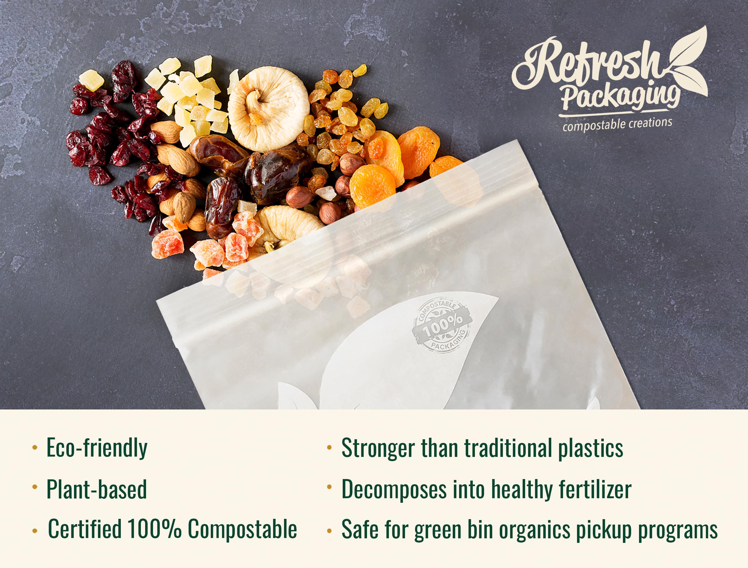Refresh Packaging 100% Certified Small Size Zipper Locking Bags - 2 Boxes of 50 Compostable Bags Perfect as a Freezer Bags per Box, And Storage Bag - Small Size - 100 bags Total