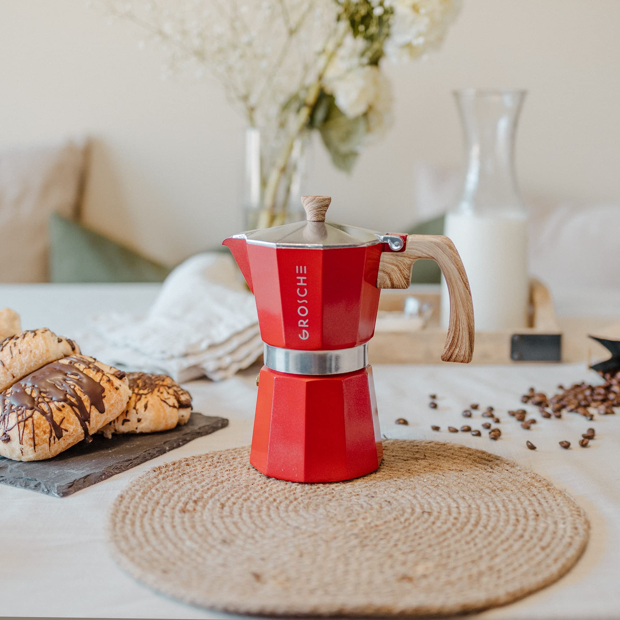 GROSCHE Milano Stovetop Espresso Maker Moka Pot 3 Espresso Cup - 5oz, Red - Cuban Coffee Maker Stove top Coffee Maker Moka Italian Espresso greca Coffee Maker Brewer Percolator