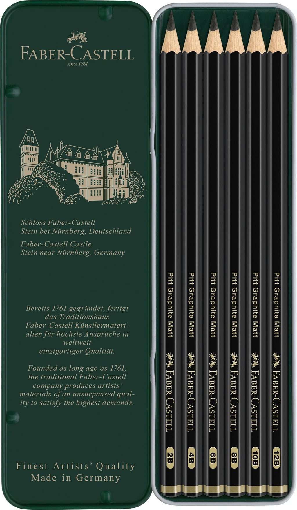 Faber-Castell Pitt Graphite Matte Pencil Set, Metal Tin of 6 Graphite Pencils, Sketching and Drawing Pencil Set (B, 4B, 6B, 8B, 10B, 12B)