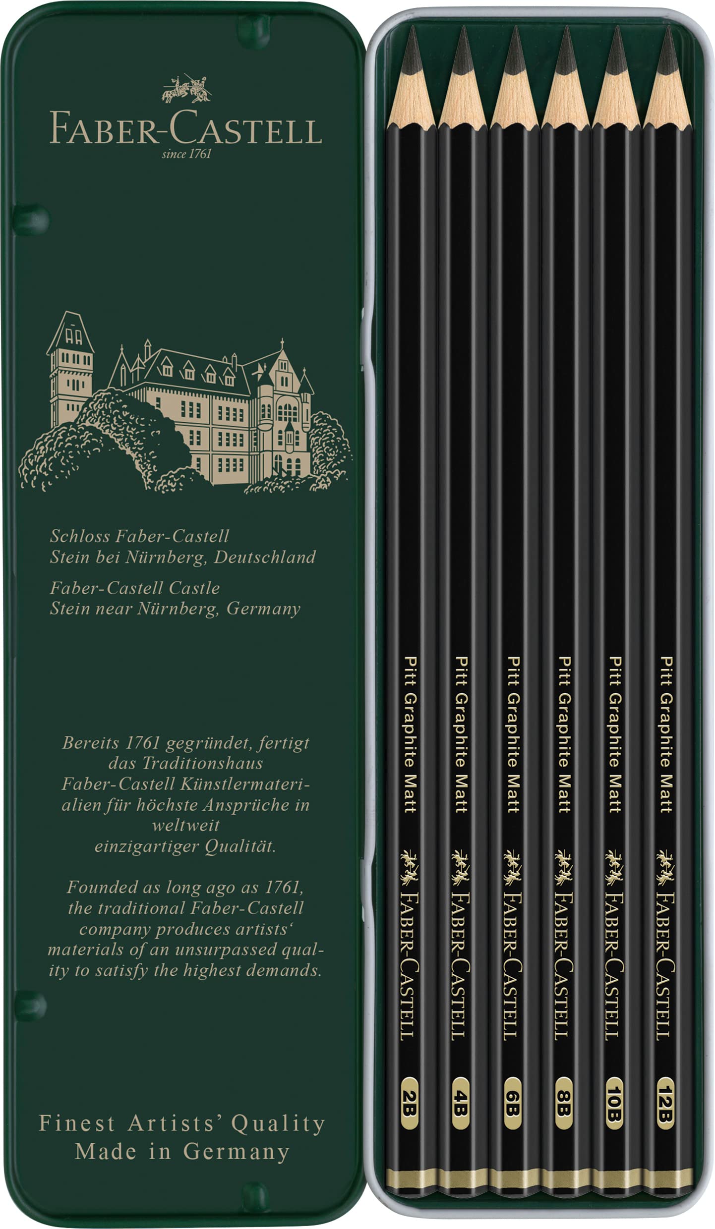 Faber-Castell Pitt Graphite Matte Pencil Set, Metal Tin of 6 Graphite Pencils, Sketching and Drawing Pencil Set (B, 4B, 6B, 8B, 10B, 12B)