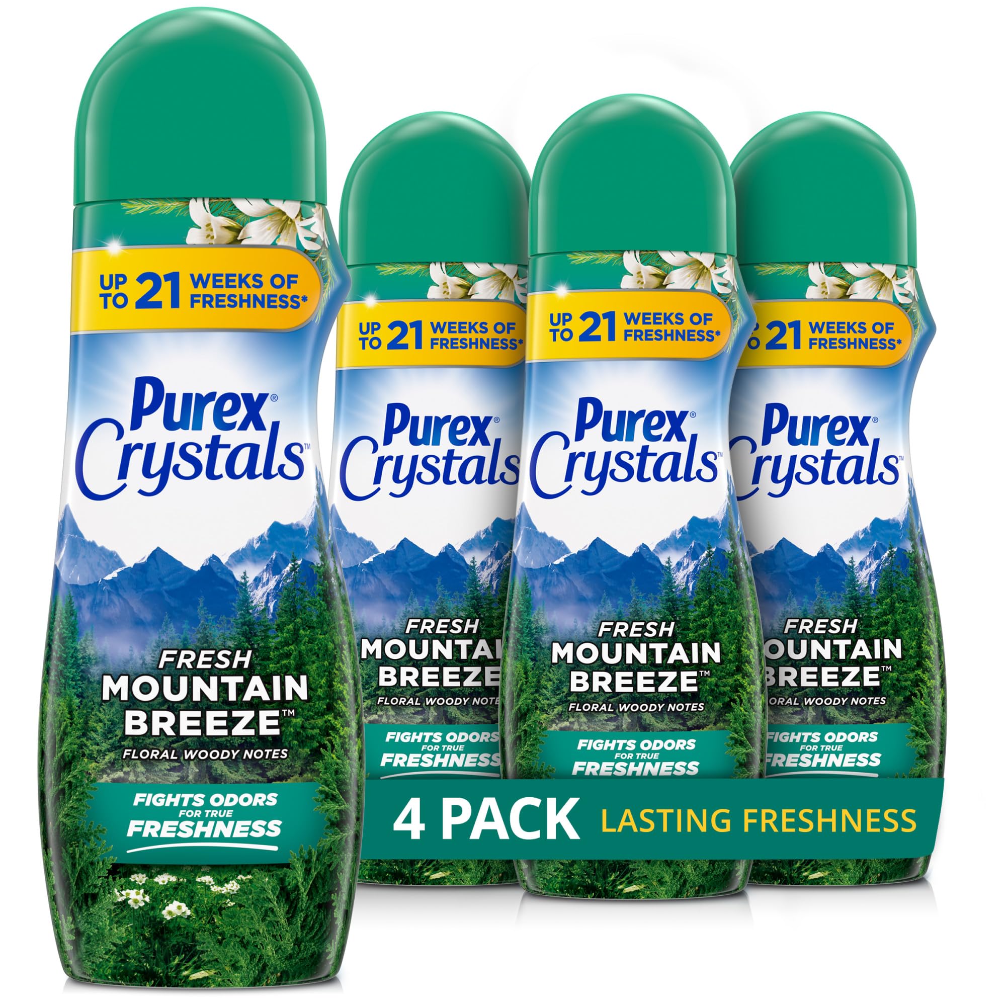Purex Crystals In-Wash Scent Booster, Fresh Mountain Breeze, 21 oz (Pack of 4), Long-Lasting Freshness & Odor Elimination Technology