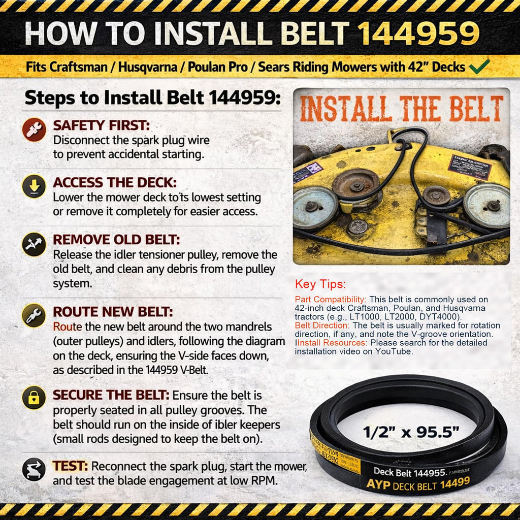 Premium Belt 144959, 138255, 130801 Compatible with Craftsman Sears Roper Poulan Pro，1/2'' X 95'' Premium Belt Lawn Mower Parts,Fit for Craftsman LT1000 LT2000 LT3000 42'' Lawn Mower