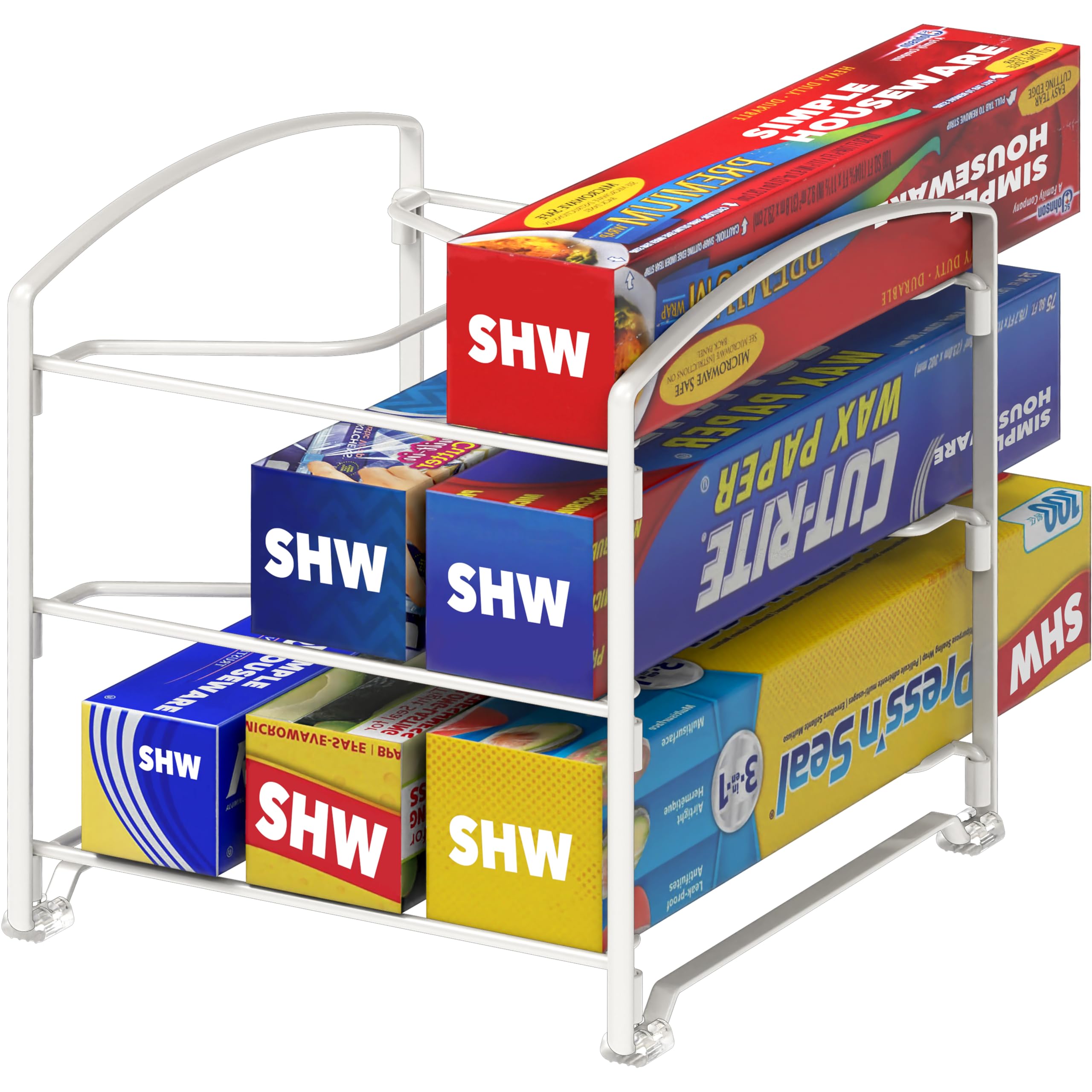 Simple Houseware Foil and Plastic Wrap Organizer, Storage Rack with Shelves for Pantry and Kitchen Cupboard Organization, White