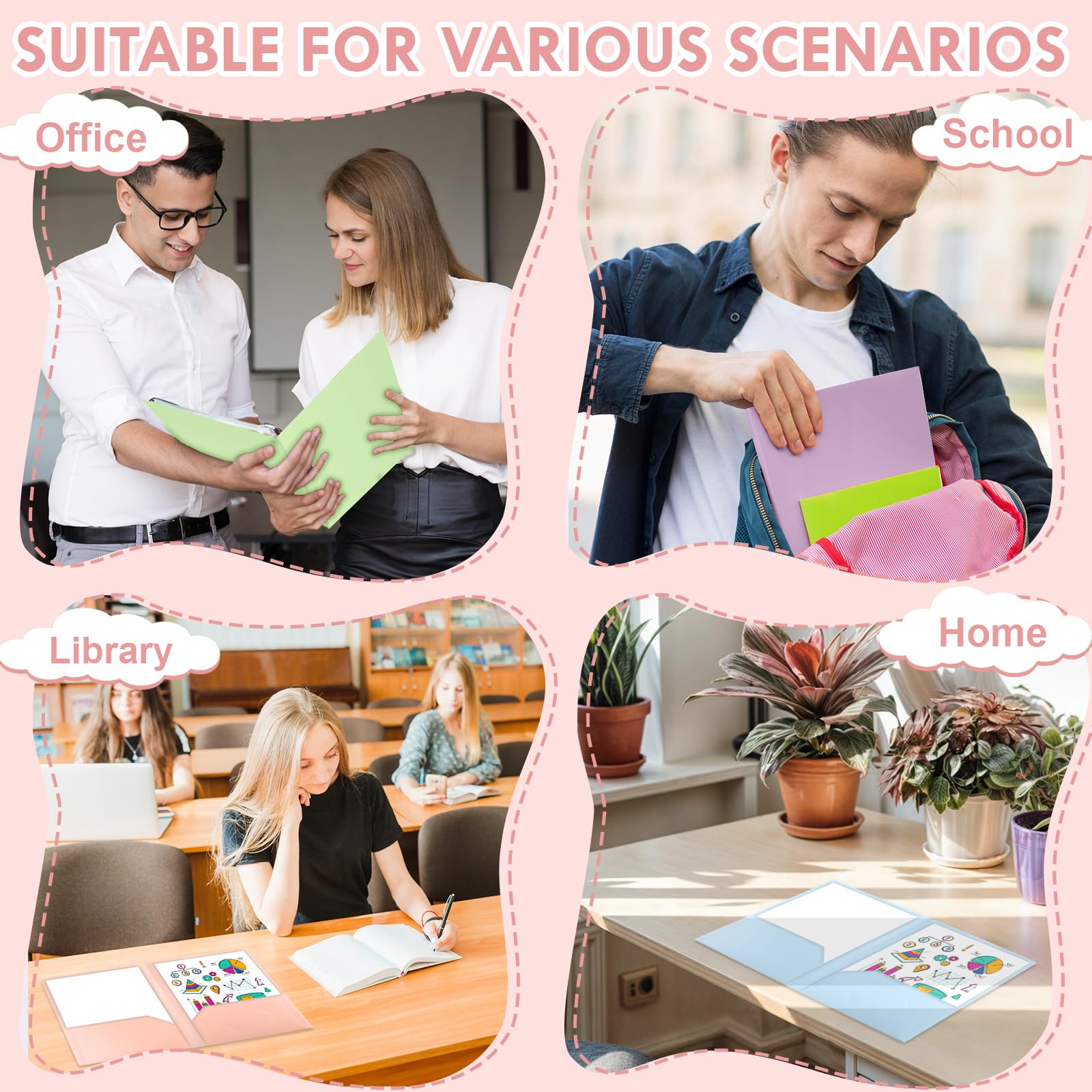 12 Pack Plastic Two Pocket Folders Heavy Duty Letter Size File Folders Assorted Colors Folders with Clear Front Pocket Twin Pocket Folder Bulk Business Card Holder Folder for Office School Home