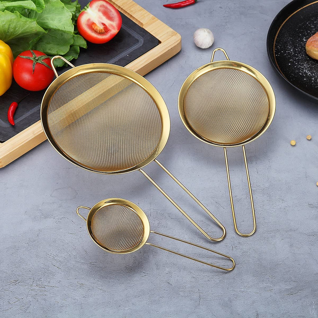 Gold Fine Mesh Strainer 3 Pieces Set, Golden Flour Sifter for Baking, Stainless Steel Clander, Gold Matcha Tea Strainer, Gravy Separator, Stasher Sieve Pasta Strainers
