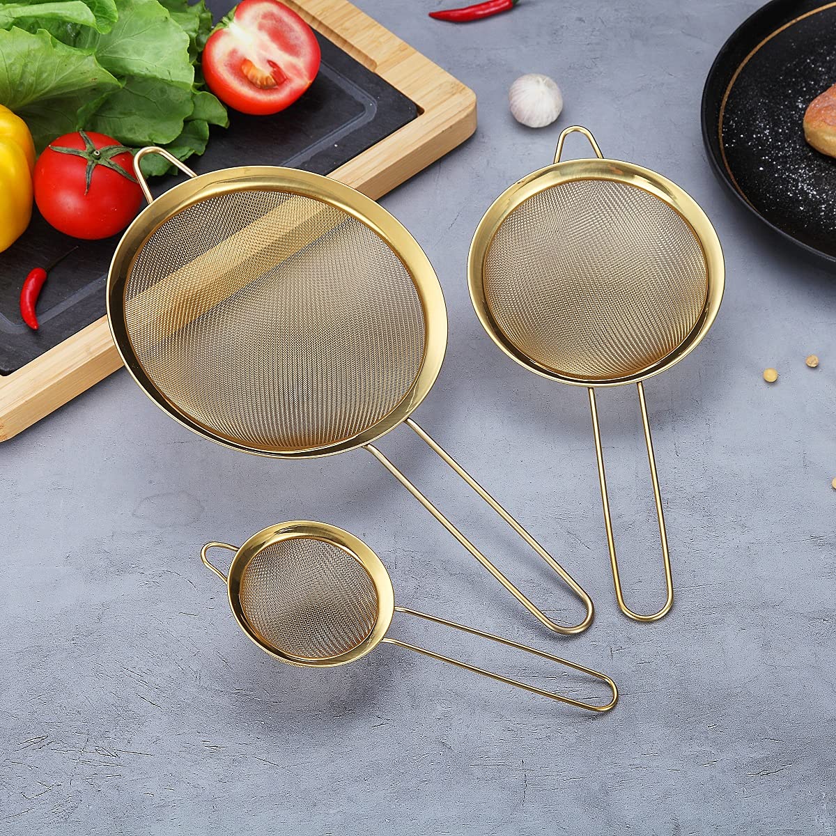 Gold Fine Mesh Strainer 3 Pieces Set, Golden Flour Sifter for Baking, Stainless Steel Clander, Gold Matcha Tea Strainer, Gravy Separator, Stasher Sieve Pasta Strainers