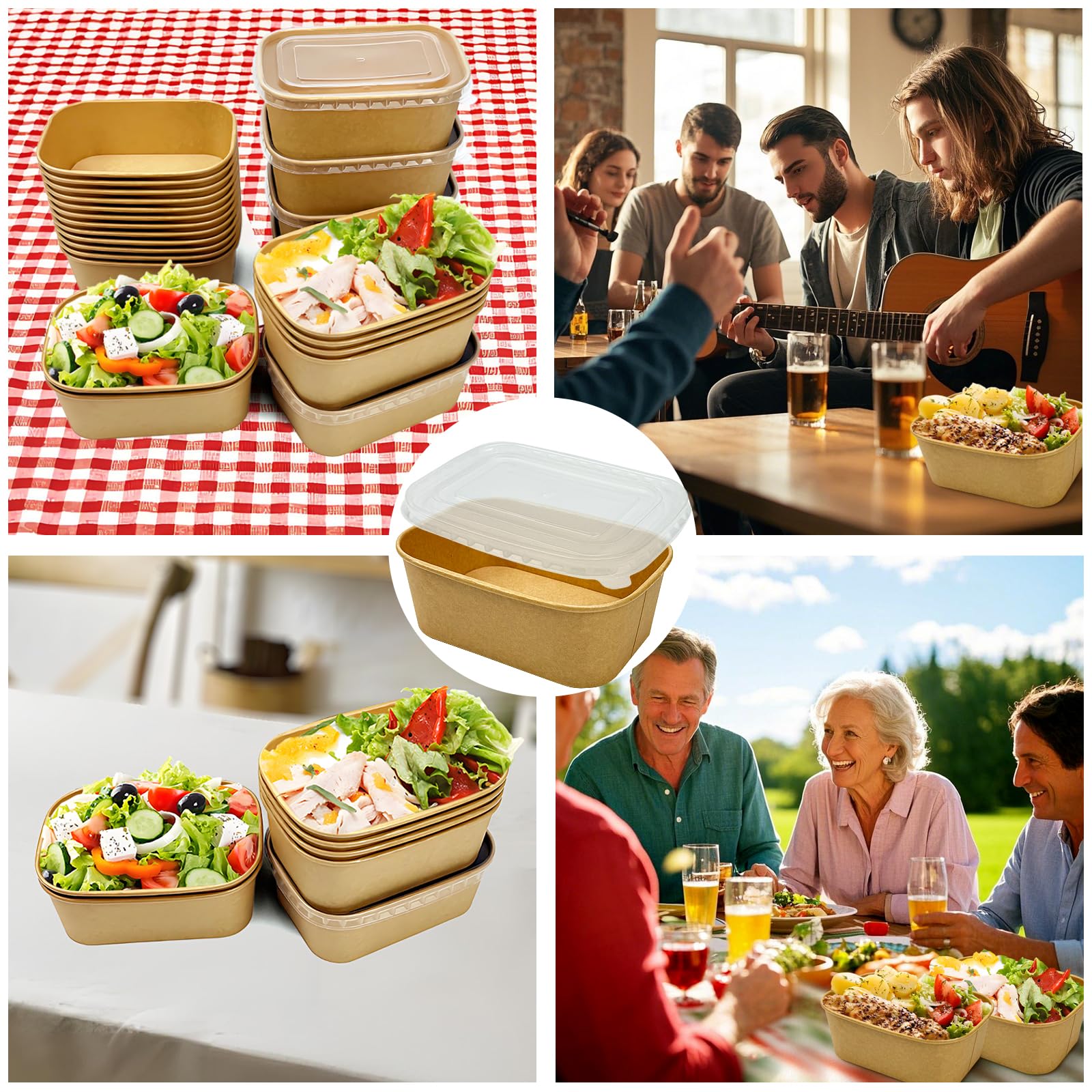 Seuqhck 50 Pack Paper Meal Prep Containers with Lids, 20 oz Disposable and Compostable Take out Food Containers Rectangular to Go Kraft Paper Bowls for Leftovers, Salad, Soup, Snack