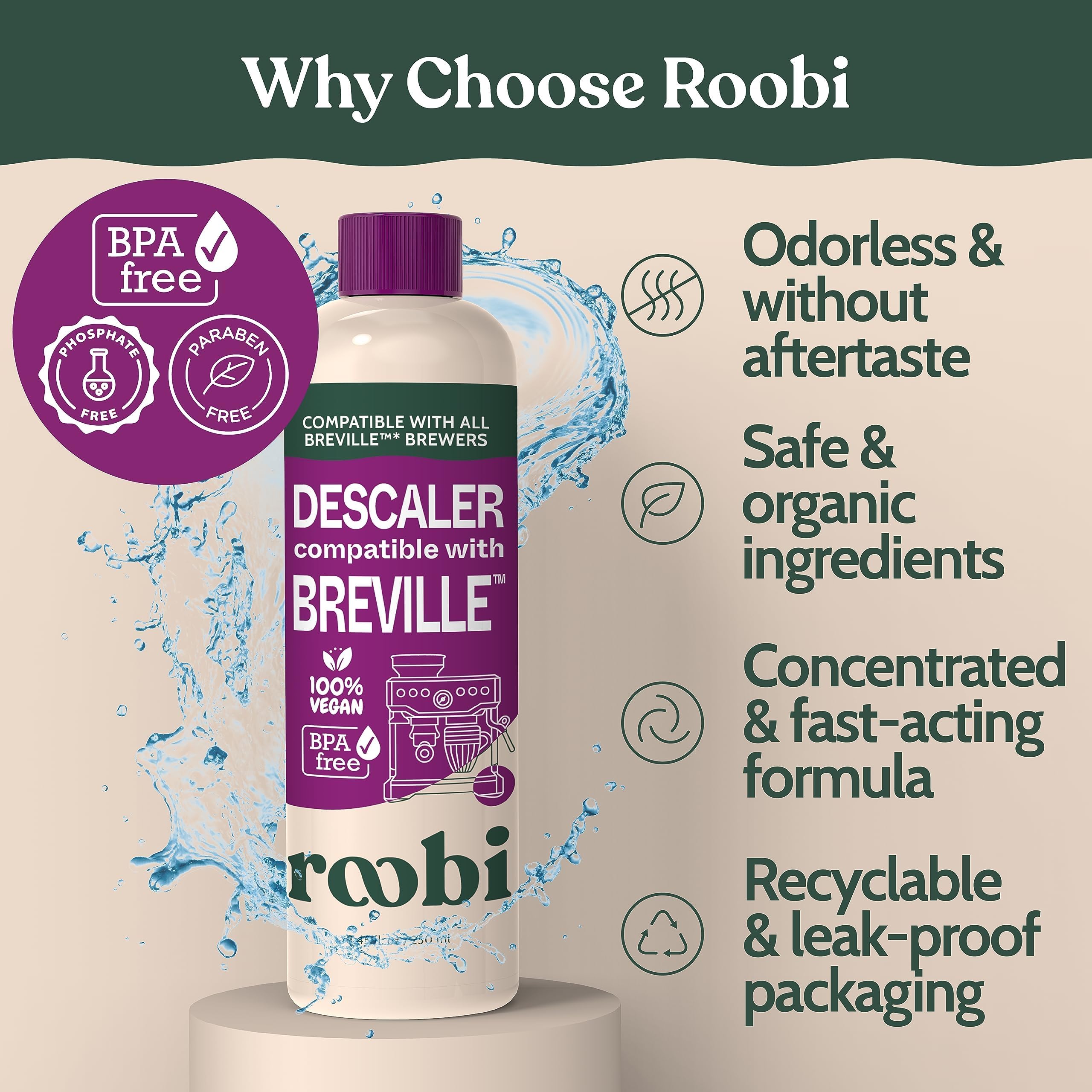 Roobi Compatible Descaling Solution for Breville. Specially Formulated to Clean & Descale your Breville Machine. 2 Uses per Bottle, 2 Pack. Eco-Friendly Carbon Neutral Maintenance Kit.
