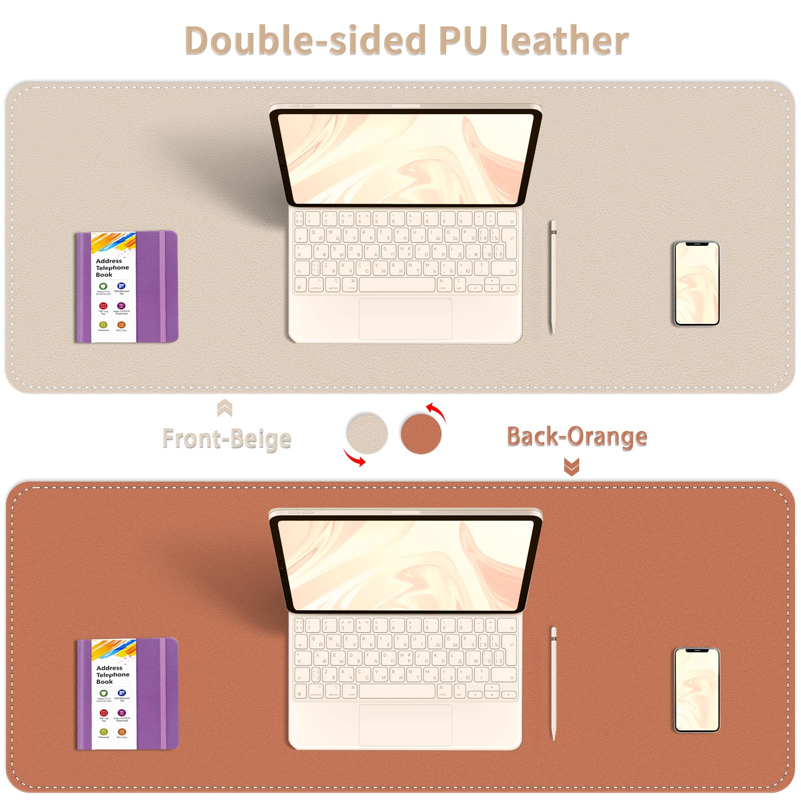 Double-Sided Office Desk Mat, Large Mouse Pad, Waterproof PU Leather Protective Pad, Laptop Desk Pad, Dual Use Cover Protector for Office/Home Keyboard (Beige+Orange, 31.5''×15.8'')