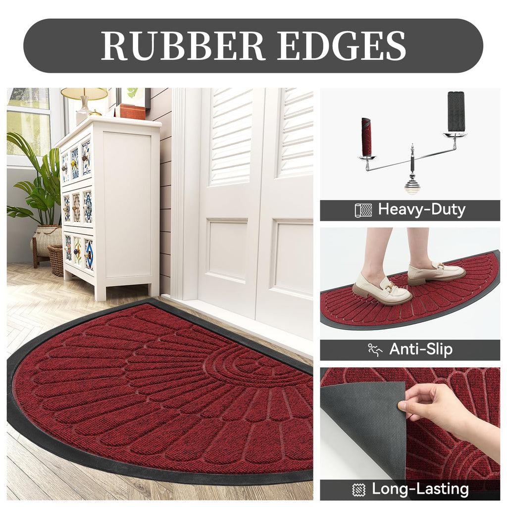 Front Door Mat Outdoor Indoor Welcome Mat-Semicircular 43X75CM Non Slip Heavy Duty Rubber Doormat-Absorbent Entryway Rug Entrance Doormat Entry Rug Dirt Scraping Shoe Mat Red