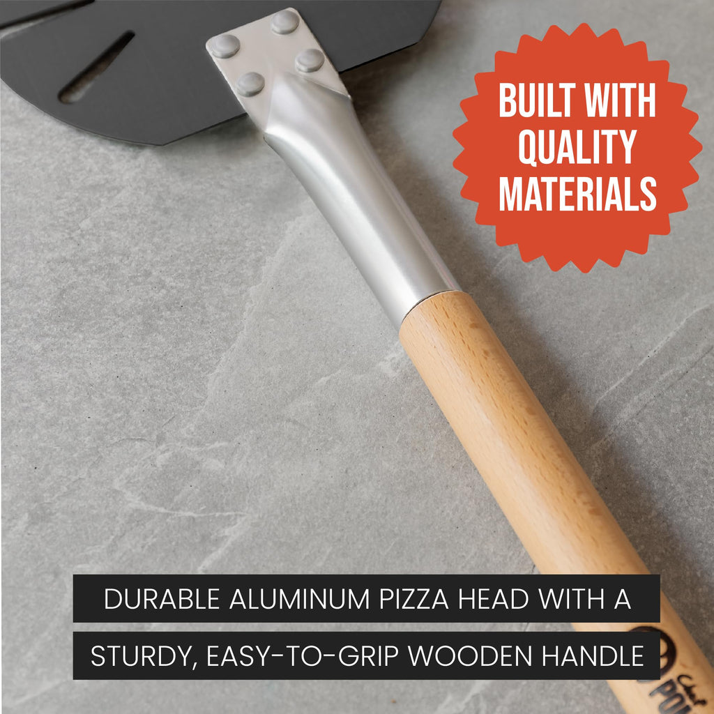 Chef Pomodoro Aluminum Turning Pizza Peel with Detachable Wood Handle for Easy Storage, Gourmet Luxury Pizza Paddle for Baking Homemade Pizza Bread (9-Inch)