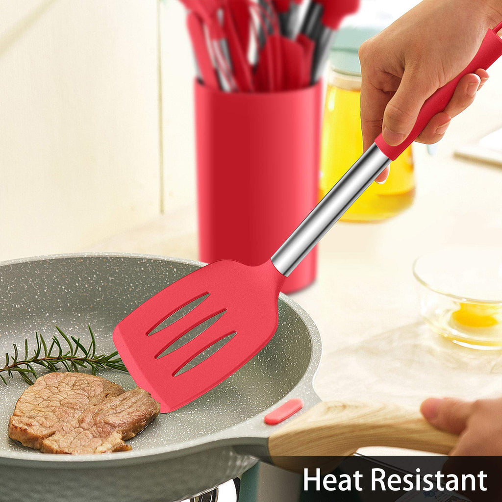 LIANYU 15-Piece Cooking Kitchen Utensils Set with Holder, Silicone Kitchen Tools Stainless Steel Handle, Slotted Spatula Spoon Turner Tong Whisk Brush for Cooking, Red