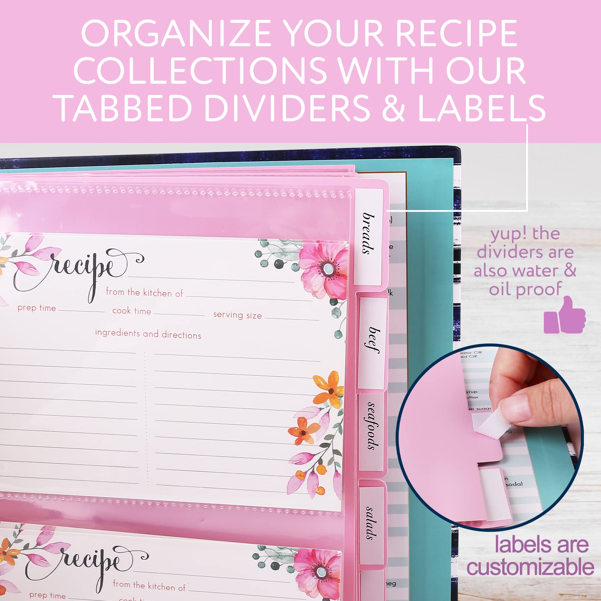 LotFancy Recipe Binder, 8.5” x 10”, with 60 Blank Recipe Cards 4x6, 30 Plastic Page Protectors, 3 Tabbed Dividers, 24 Labels - Kitchen Recipe Card Cookbook Binder Organizer Kit