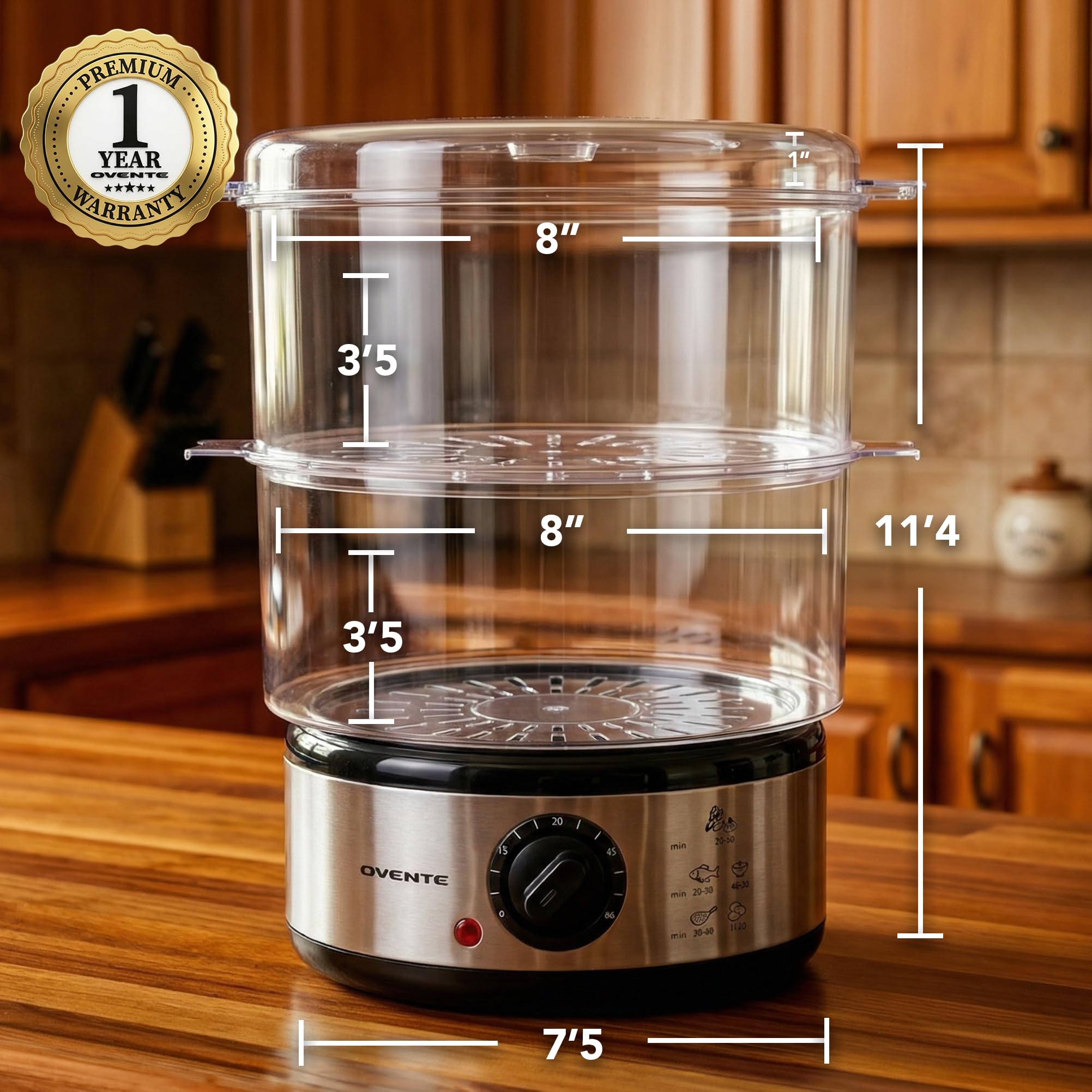 OVENTE 2 Tier Electric Food Steamer for Cooking Vegetables, Stainless Steel Base, Stackable and Dishwasher Safe Baskets, 400W with Auto Shutoff and 60-Minute Timer, 5 Quart Capacity, Silver FS62S