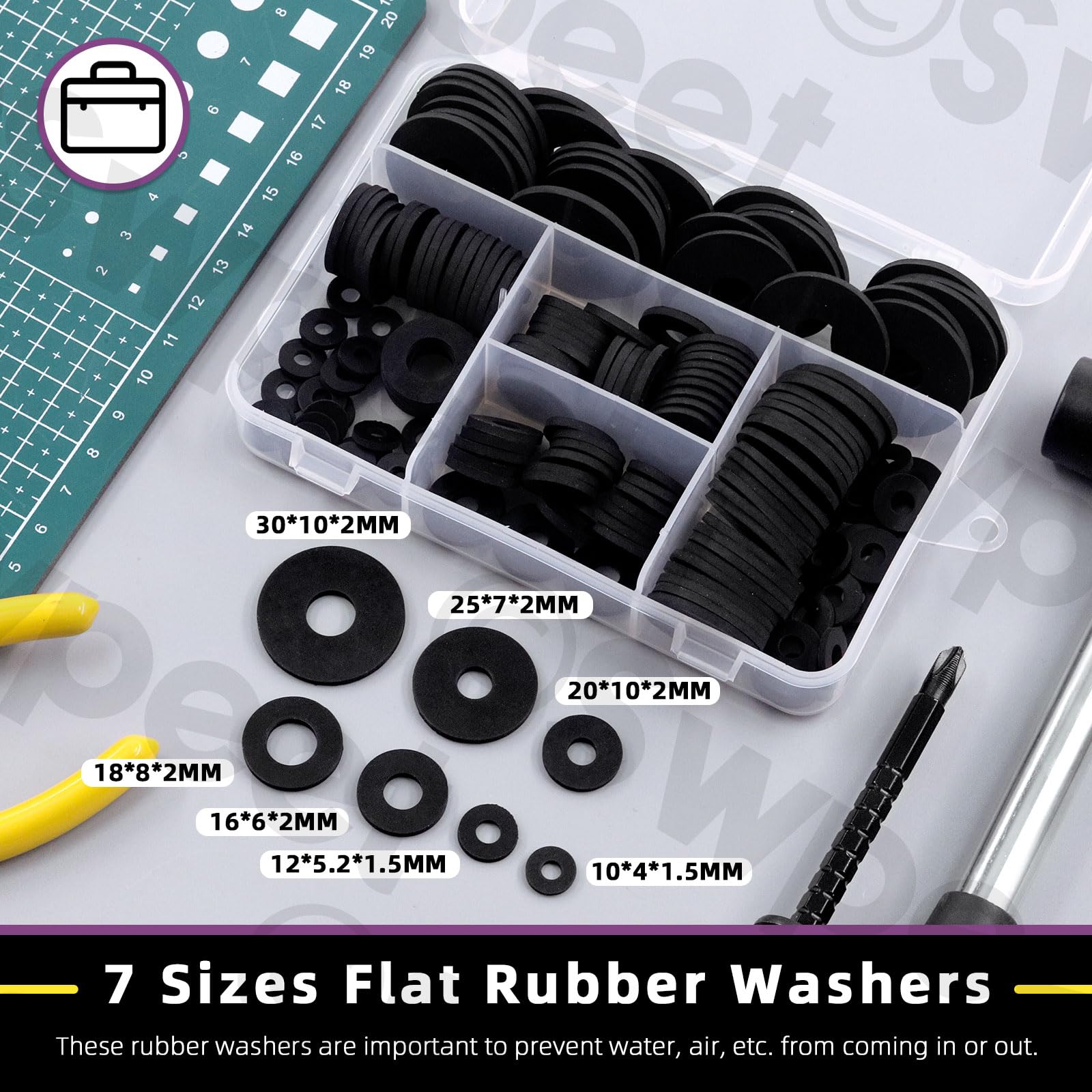 Swpeet 175Pcs 7 Sizes Flat Rubber Washers Assortment Kit, 10/12/16/18/20/25/30mm Heavy Duty Black Rubber Grommet Vibration Damping Pads, Rubber Bushing Gasket Kit for Appliances Faucets Screws Bolts