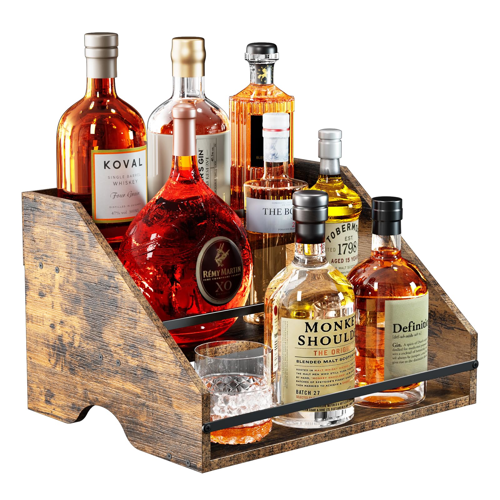 Nuovoware Liquor Bottle Display Shelf, Coffee Syrup Organizer, 3 Step Countertop Liquor Wine Rack, Home Retro Shelf Stand for Mini Bar, Cabinet, Bar Essentials for Whiskey, Spirits, Wooden