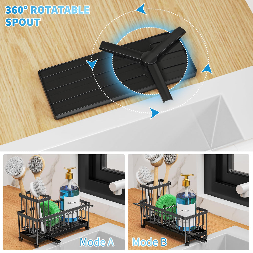 Cisily Sponge Holder for Kitchen Sink, Sink Caddy with High Brush Holder, Organzier Rustproof 304 Stainless Steel Dish Organizer Divider, Soap Dispenser Storage (Black with Towel Rack)