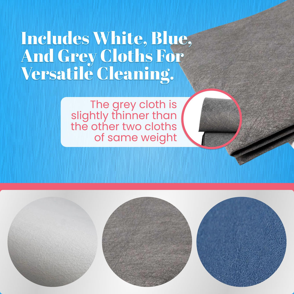 Jude's Miracle Cloth 3 Pack - White/Blue/Grey - Premium Smooth Microfiber Cloths - Chemical-Free, Lint-Free - Windows, Mirrors, Stainless Steel, Chrome, Stone Countertops, Plexiglass & So Much More!
