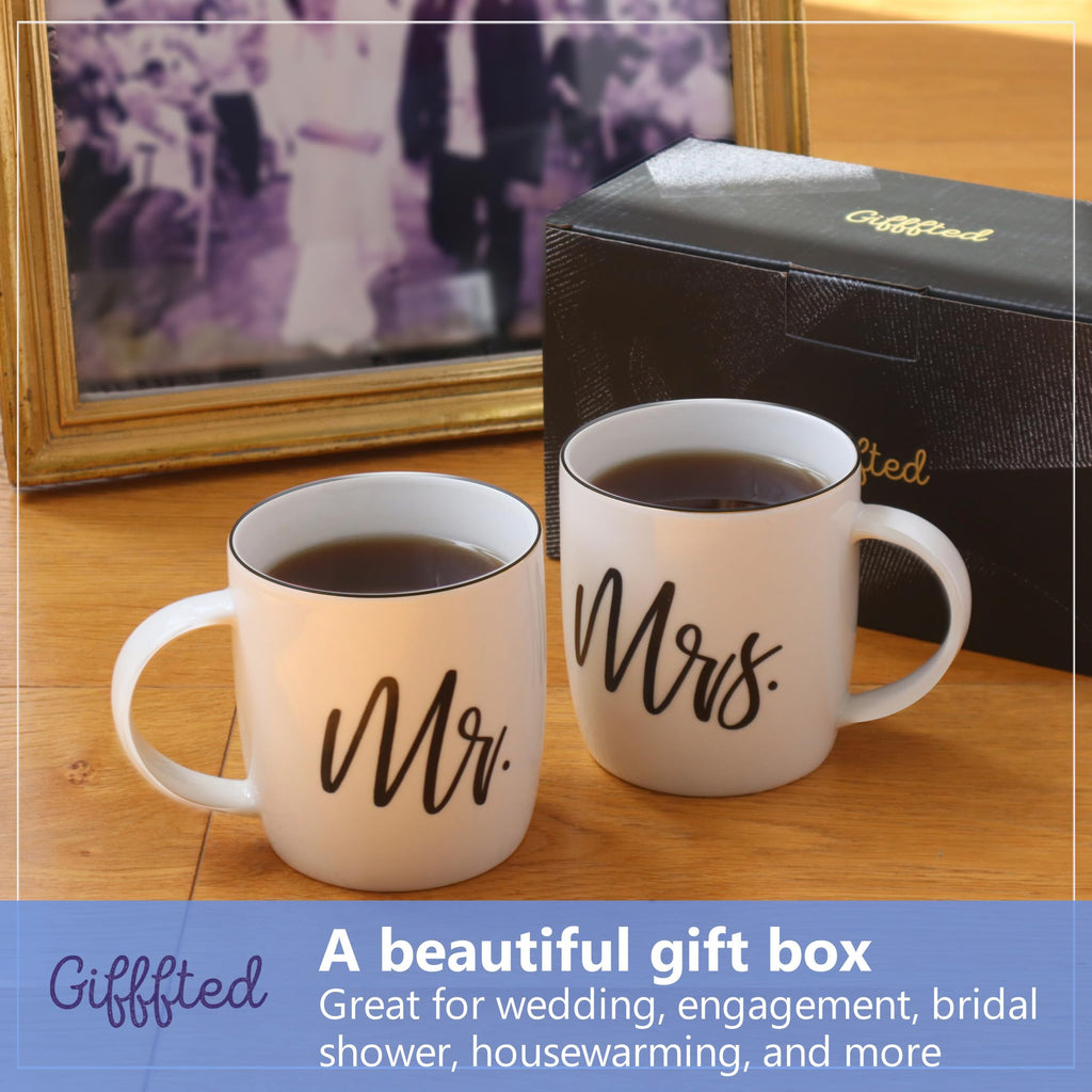 Triple Gifffted Mr and Mrs Coffee Mugs Couples Gifts Ideas for Christmas Wedding Anniversary Engagement Valentines His Hers Present,Husband Wife Him Her Men Women Bride Groom Newlyweds, Ceramic 380ml