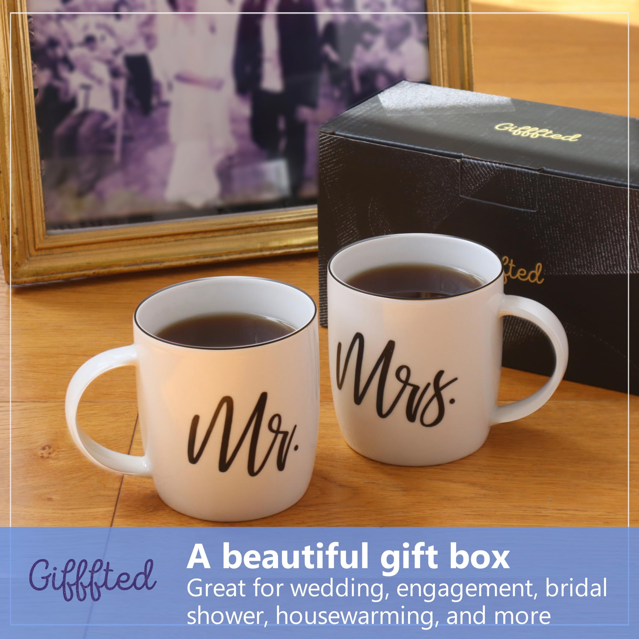 Triple Gifffted Mr and Mrs Coffee Mugs Couples Gifts Ideas for Christmas Wedding Anniversary Engagement Valentines His Hers Present,Husband Wife Him Her Men Women Bride Groom Newlyweds, Ceramic 380ml