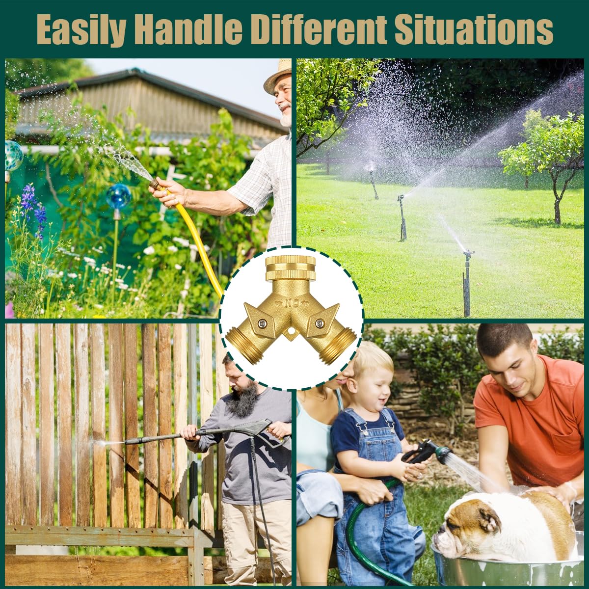 Brass Hose Splitter 2 Way, Heavy Duty Garden Hose Y Splitter with 2 Hose Protectors 6 Extra Rubber Washers