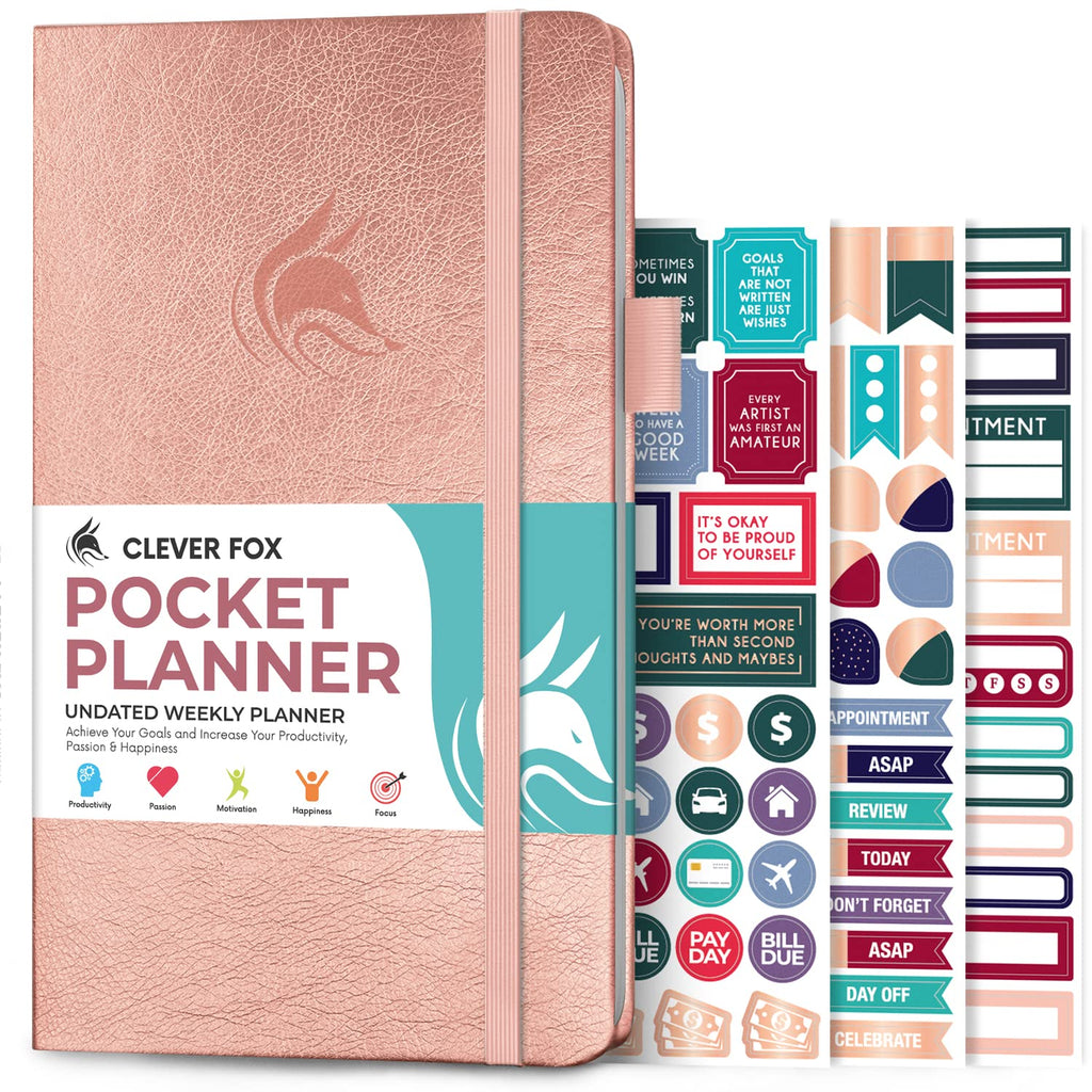 Clever Fox Pocket Planner Weekly – Undated Monthly Goal Planner and Calendar for Increasing Productivity, Mini Planner Perfect for Purse, Size: 3.7" x 6.7", Start Anytime, Lasts 1 Year – Rose Gold