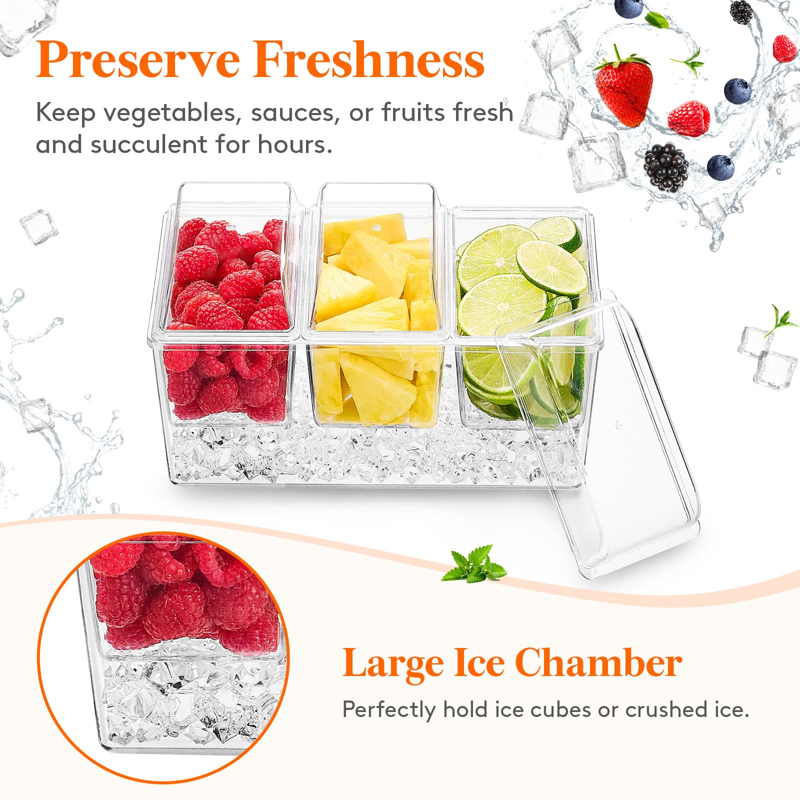 Lifewit Ice Chilled Condiment Caddy with 3 Containers(2.5 cup), Condiment Server with Separate Lids, Serving Tray Platter with Removable Dishes for Bar Accessories, Fruit, Salad, Taco, Party Garnish