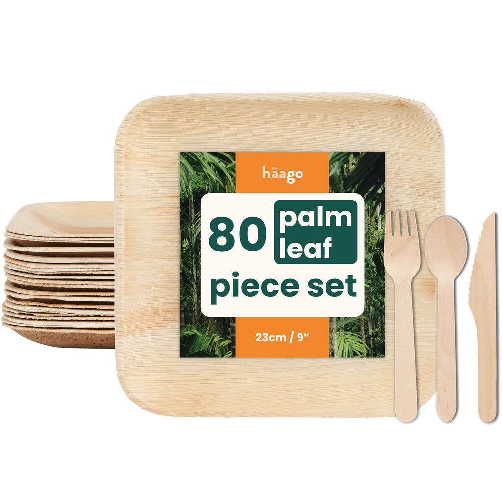 HAAGO 80-Pack 9" Square Palm Leaf Disposable Plates & Cutlery Set for 20 Guests – Compostable Alternative to Paper, Disposable Plastic & Bamboo Plates