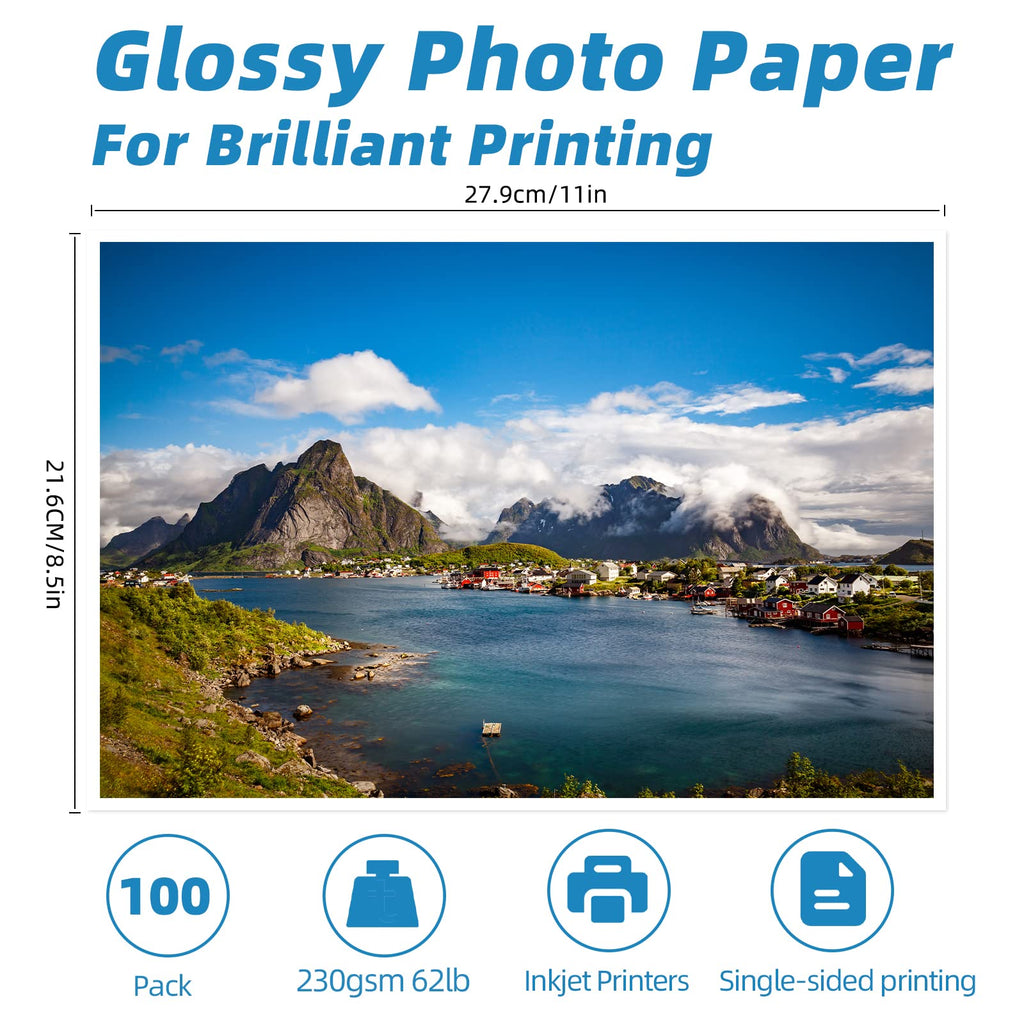 Uinkit 100 Sheets Thick Glossy Photo Paper Inkjet 8.5x11 Heavyweight 62lb 230gsm 11.1mil Cardstock Postcard for Dye Ink Printer A194
