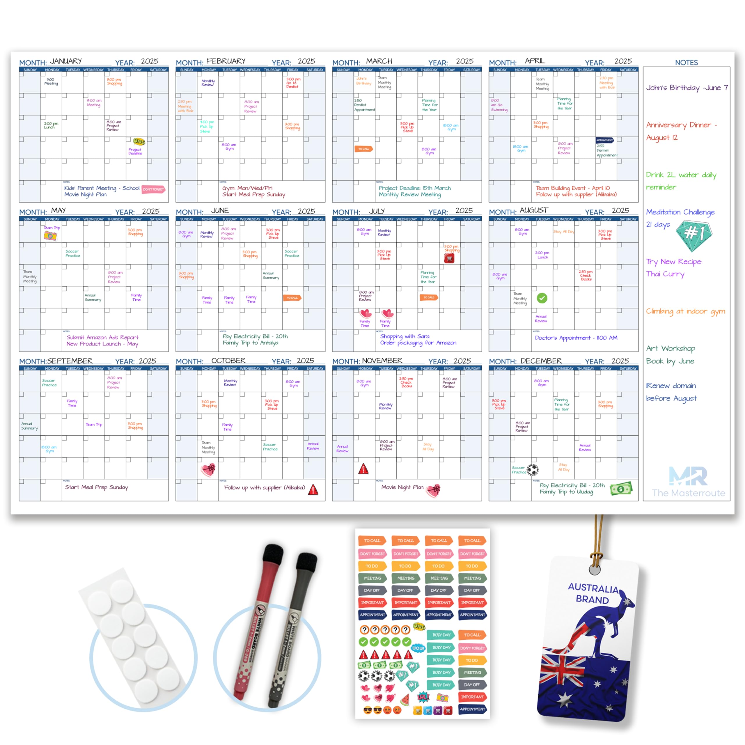 THE MASTERROUTE Large Dry Erase Wall Calendar – 147x94cm Reusable 12-Month Undated Wall Planner 2026 – Horizontal Layout with 2 Markers, 83 Stickers & Mounting Tapes for Home, Office or School