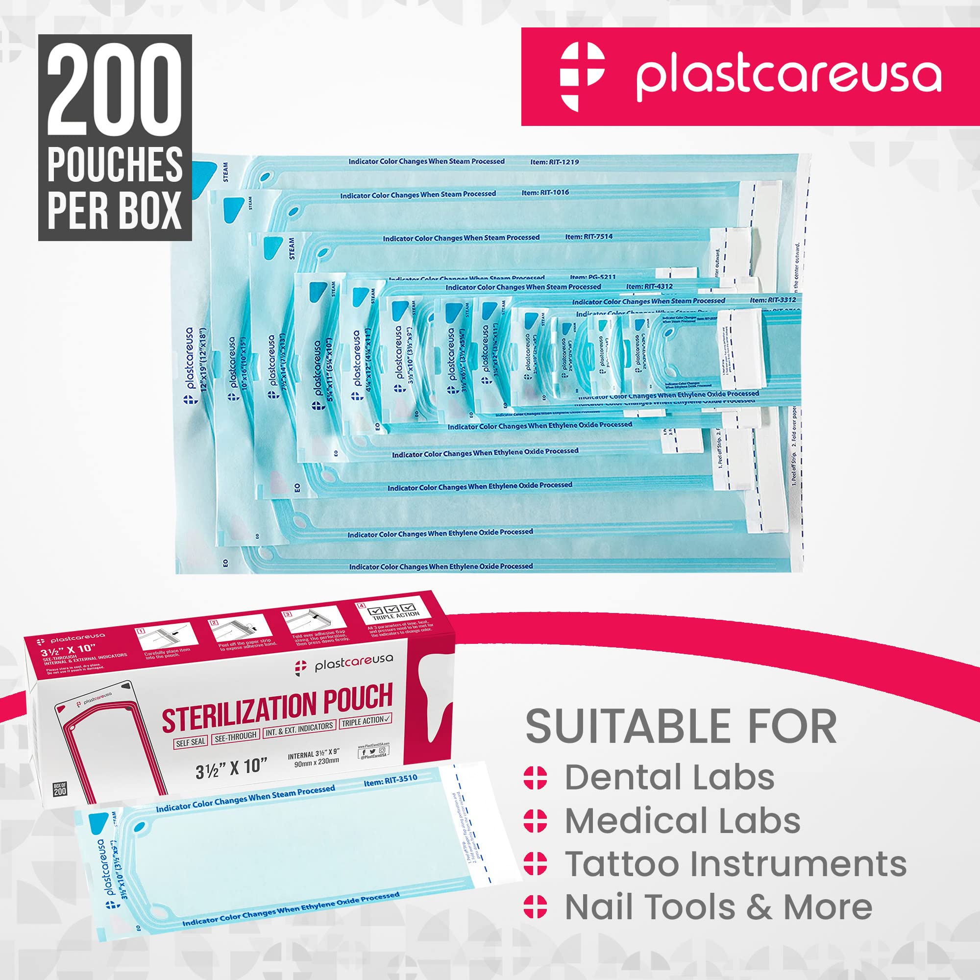200 Self Sterilization Pouches for Cleaning Tools, Autoclave Sterilizer Bags for Dental Offices, Pouch for Dentist Tools Measuring 3.5 by 10 Inches, 1 Box of Paper Blue Film