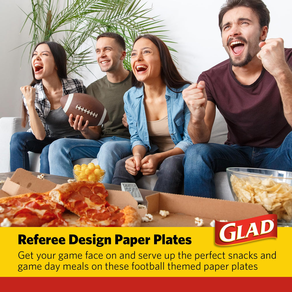 Glad Everyday Round Disposable Paper Plates with Referee Football Design | Cut-Resistant, Microwavable Paper Plates for All Foods & Daily Use | 10 Inches, 58 Count