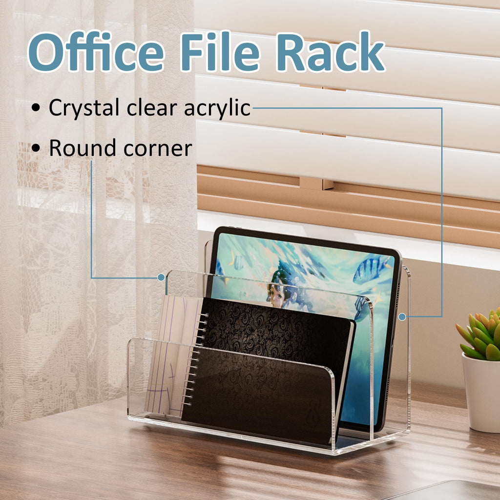 Sezanrpt Acrylic File Holder 2 Compartment, Clear Desk File Organizer, Office Magazine File Folder Organizer