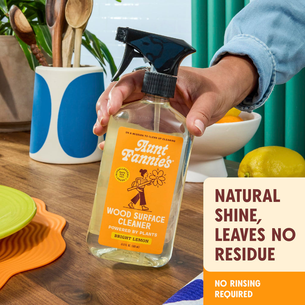 Aunt Fannie's All Purpose Wood Spray Cleaner, No-Wax Formula, Perfect for Wood Tables, Walls, Counters & Shelves, 16.9 Ounces, Lemon Scent (Pack of 1), Packaging May Vary