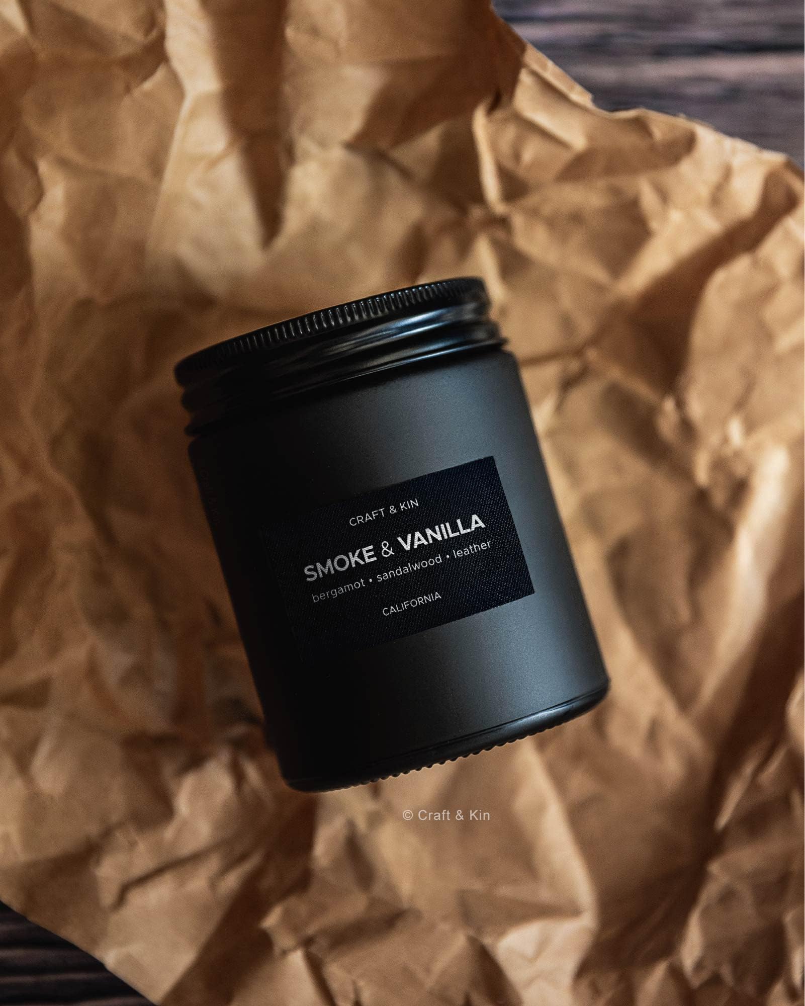 Craft & Kin Scented Black Candles for Men | Premium Smoke & Vanilla Scented Candles | Long Lasting Candle with 45 Hour Burn Time, 7.6oz