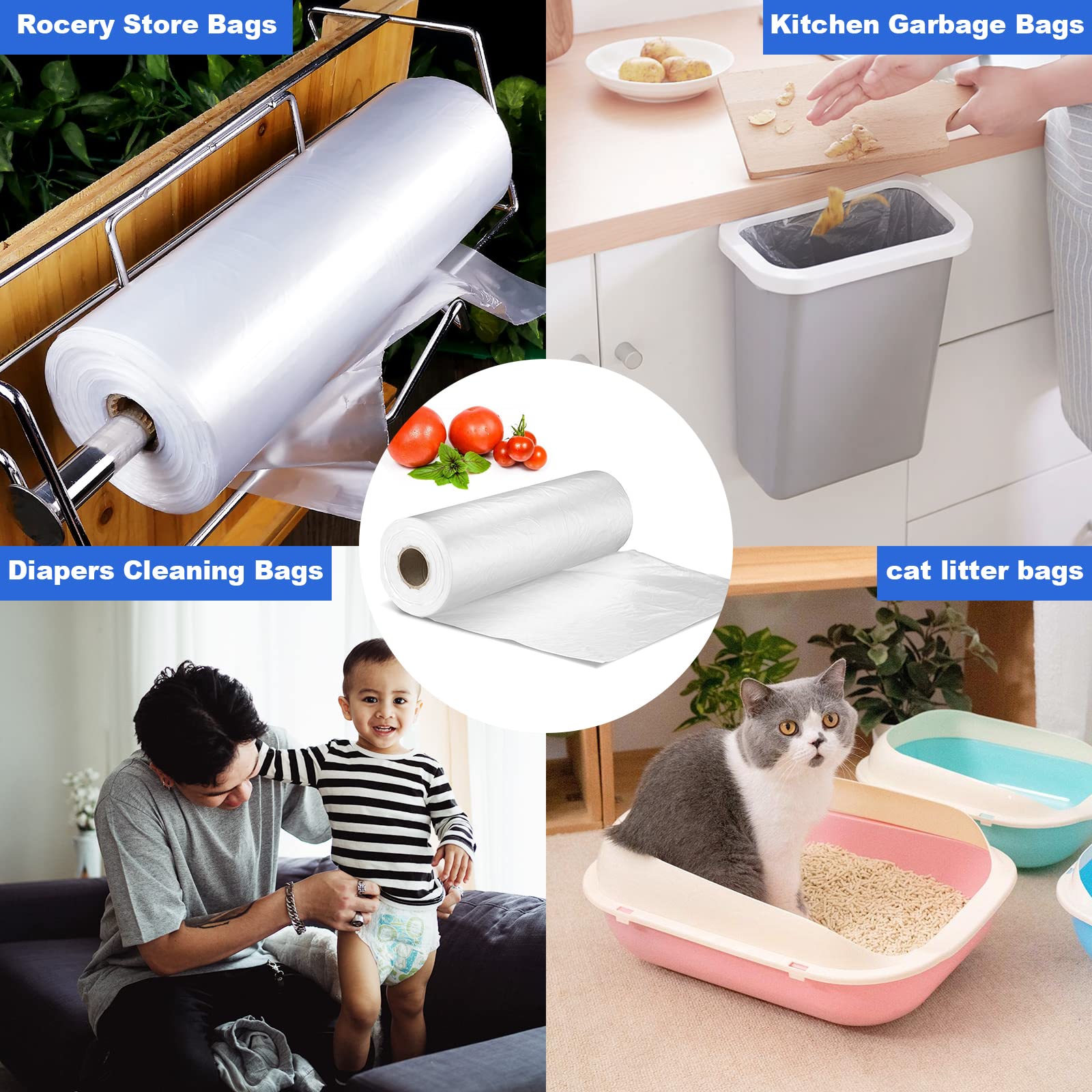 Tapsin 12''x20'' Plastic Produce Bags on a Roll - Clear Plastic Bags for Food, Vegetable, Fruits, Bread, Pet Bags and Grocery Clear Bag- 350 Bags/roll (1 Rolls)