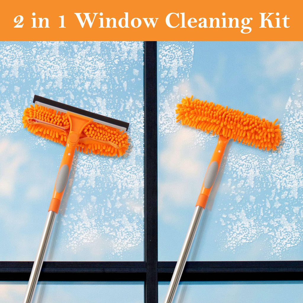 Terafeels 110.23in / 280cm Window Cleaning Tools, 2 Window Squeegees and 3 Cleaning Cloths : 2 in 1 Double-Sided Professional Cleaner with Extension Pole Cleaning Supplies (Orange)