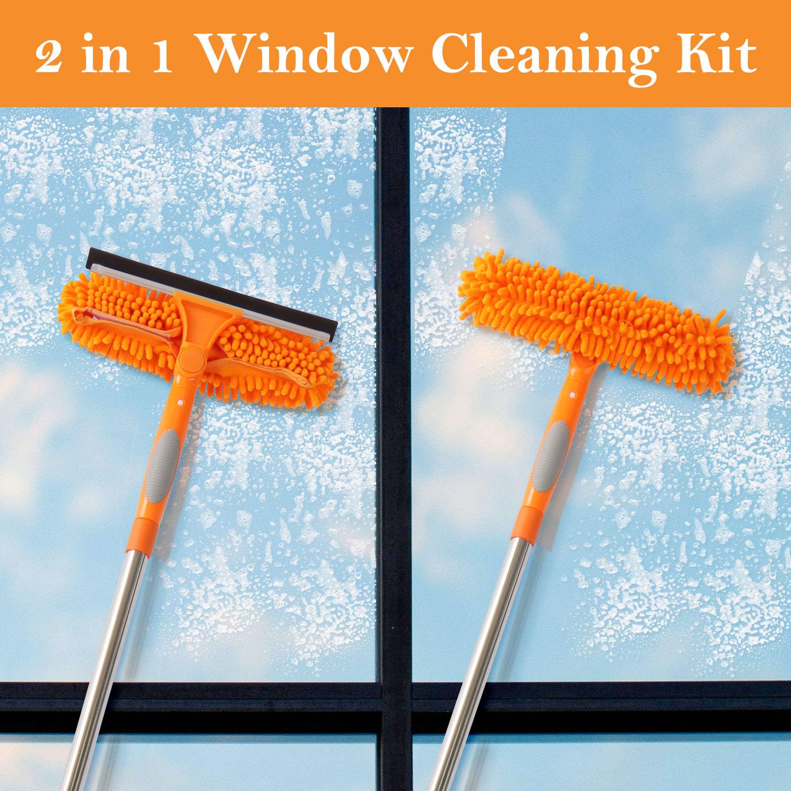 Terafeels 110.23in / 280cm Window Cleaning Tools, 2 Window Squeegees and 3 Cleaning Cloths : 2 in 1 Double-Sided Professional Cleaner with Extension Pole Cleaning Supplies (Orange)
