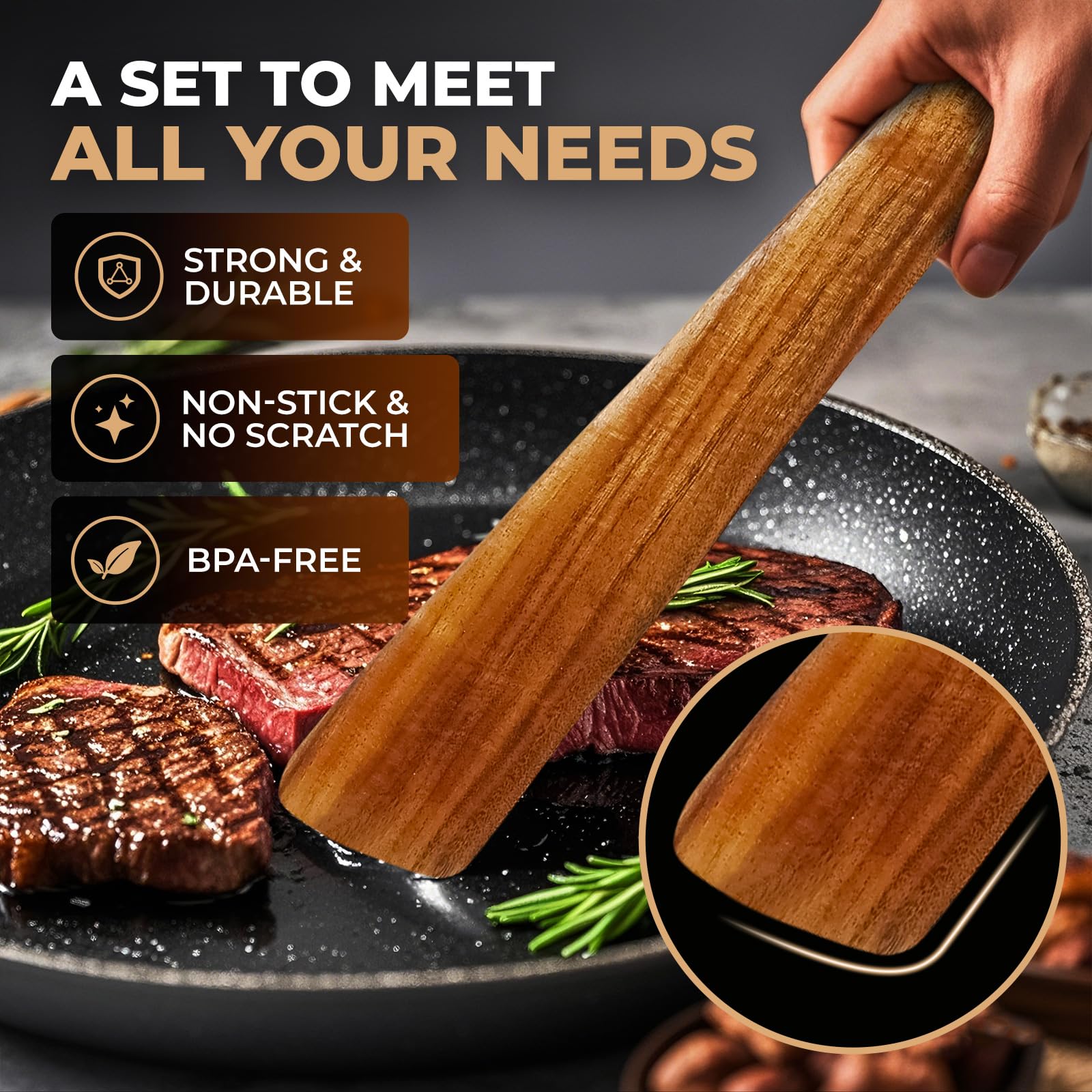 AIUHI Wooden Spatula for Cooking, 4Pcs Natural Teak Wood Turner Set for Nonstick Cookware, Wooden Cooking Utensil Set for Frying, Flipping, Scraping, and Turning
