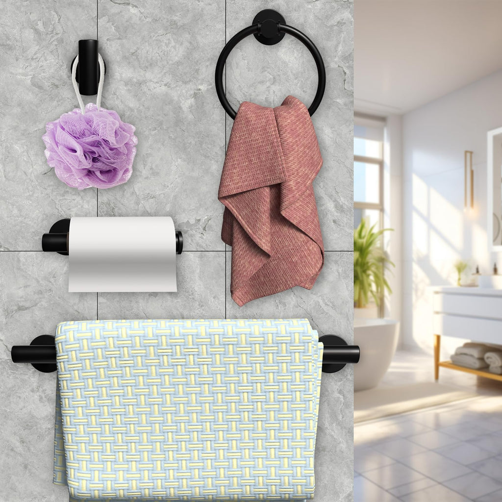 Matte Black Bathroom Accessories 4 Pieces, 16 Inch Stainless Steel Towel Bar Set, Towel Bar, Towel Ring Holder, Toilet Paper Holder, Wall Hook, Black Bathroom Towel Rack Set