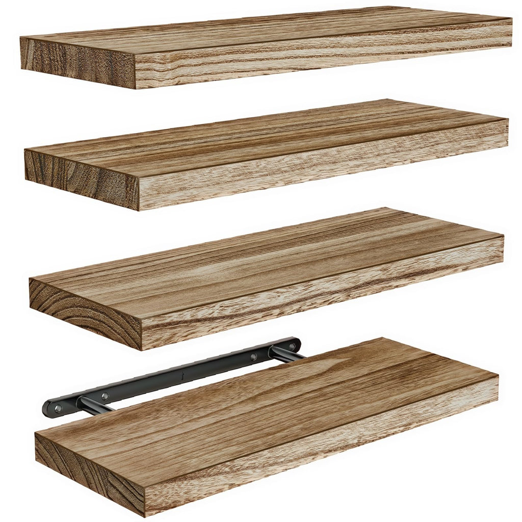 AMADA HOMEFURNISHING Floating Shelves, Paulownia Wood Wall Shelves for Bathroom/Living Room/Bedroom/Kitchen/Home Office, Natural Wood Wall Shelf for Home Storage & Organization, Set of 4, AMFS40