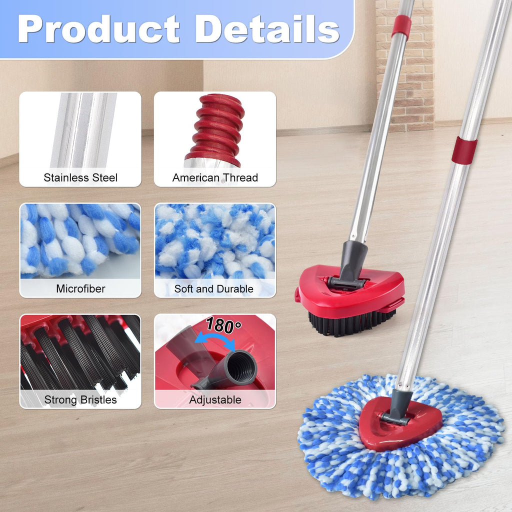 DLAIMI Spin Mop Head Replacement, Base, Mop Handle Replacement for Vileda RinseClean, 2 Microfiber Refills, 4-Section 30-59in Mop Stick, Cover and Scrubber(2-Tank System)