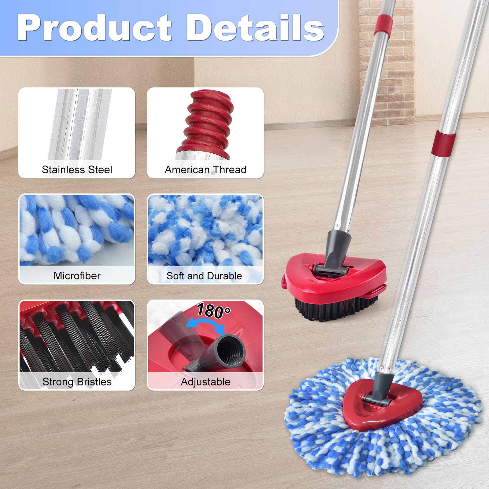 DLAIMI Spin Mop Head Replacement, Base, Mop Handle Replacement for Vileda RinseClean, 2 Microfiber Refills, 4-Section 30-59in Mop Stick, Cover and Scrubber(2-Tank System)