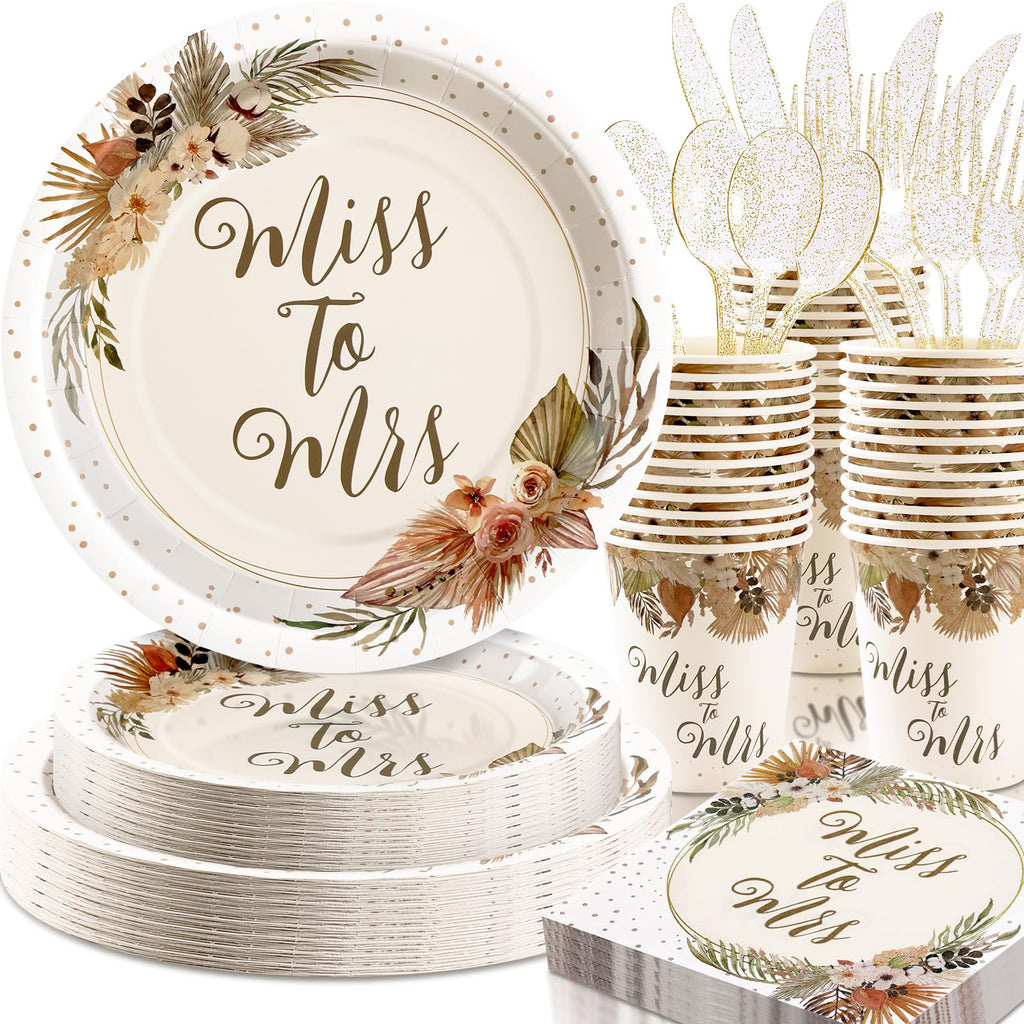 Gudvilla Boho Bridal Shower Decorations, 168Pcs Bridal Shower Plates and Napkins Sets Serve 24, Miss to Mrs, Love is In Bloom, Love is Brewing, Bride To Be, Bachelorette, Fall in Love Wedding Shower