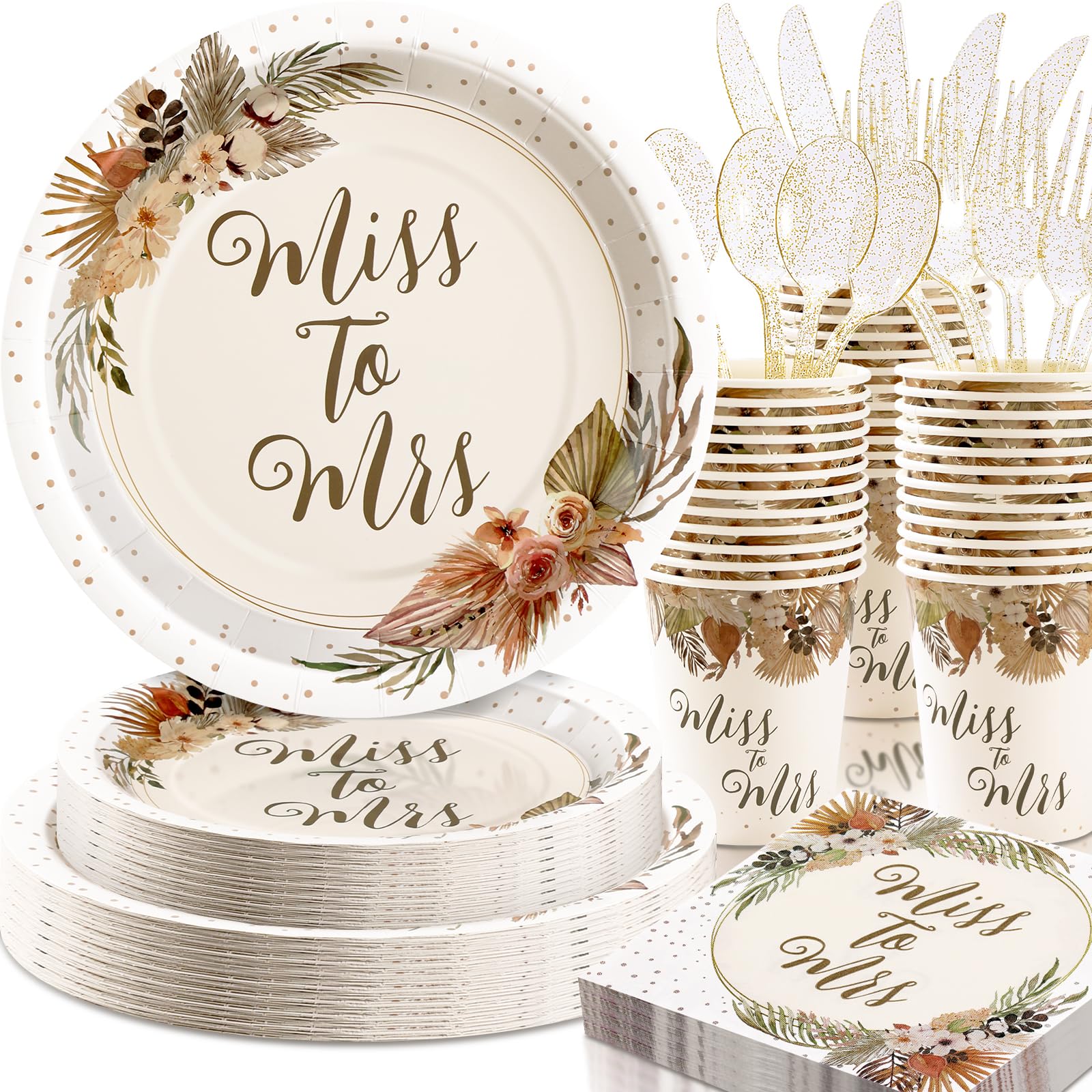 Gudvilla Boho Bridal Shower Decorations, 168Pcs Bridal Shower Plates and Napkins Sets Serve 24, Miss to Mrs, Love is In Bloom, Love is Brewing, Bride To Be, Bachelorette, Fall in Love Wedding Shower