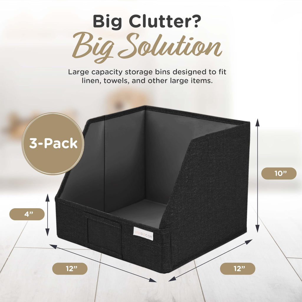 VIVIDECOR Trapezoid Closet Bins for Shelves – 12x12x10 Fabric Storage Baskets, Collapsible Organizer Boxes for Bedroom, Jeans, Sweaters– Black, 3 Pack