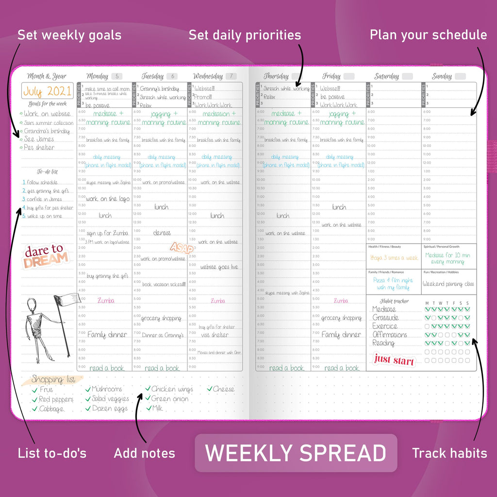 GoGirl Weekly Schedule Planner – Undated Hourly Work & Life Planner with Time Slots – Vertical Agenda Organizer for Daily Time Management & Productivity – A5 Size, 5.8″x8.3″, Hardcover (Hot Pink)
