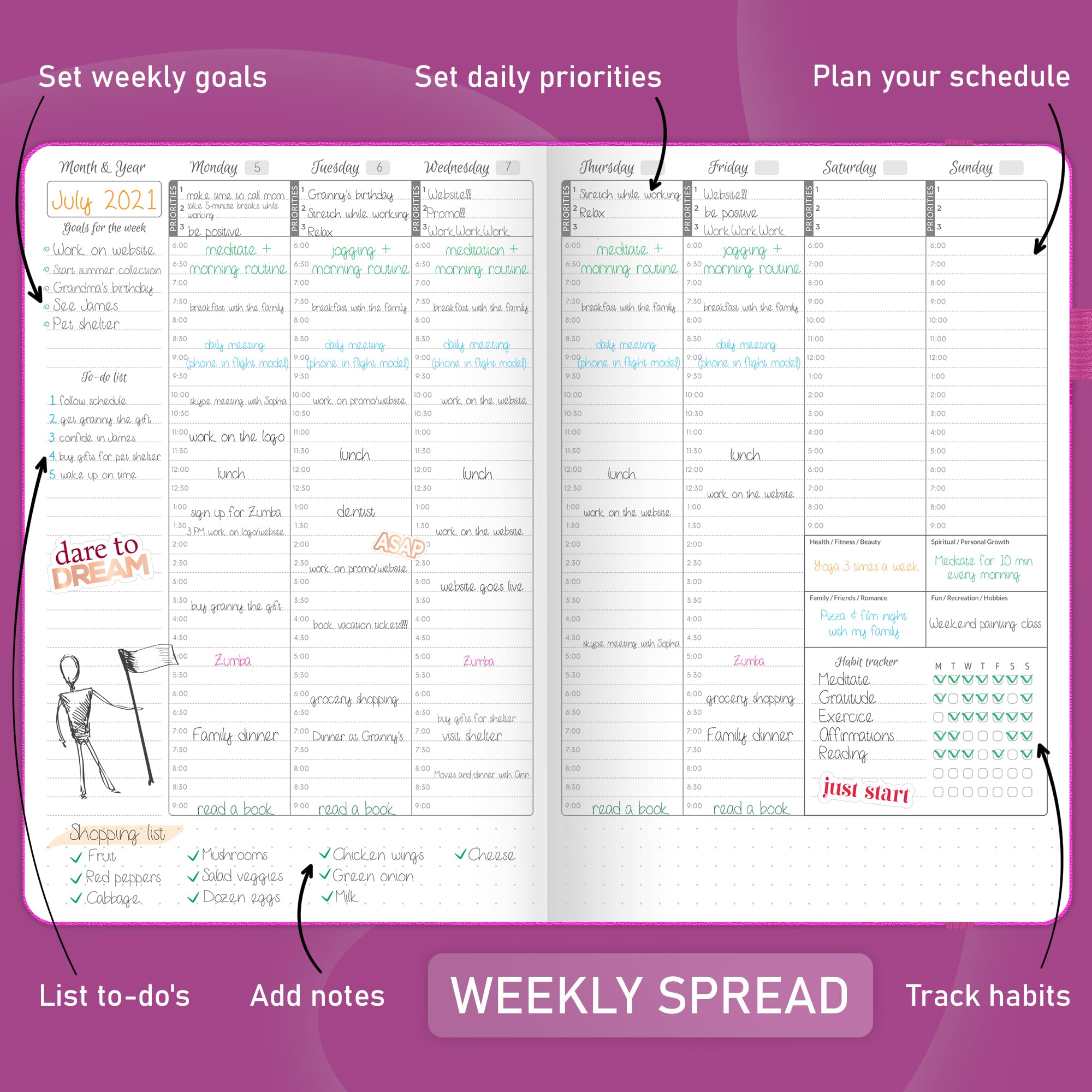 GoGirl Weekly Schedule Planner – Undated Hourly Work & Life Planner with Time Slots – Vertical Agenda Organizer for Daily Time Management & Productivity – A5 Size, 5.8″x8.3″, Hardcover (Hot Pink)