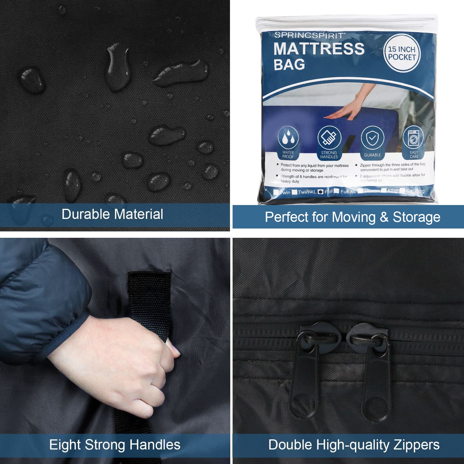 SPRINGSPIRIT Waterproof Mattress Bag Queen Size, Mattress Bag for Moving & Storage with Zipper Closure, Mattress Moving Bag Reusable Heavy Duty, Black