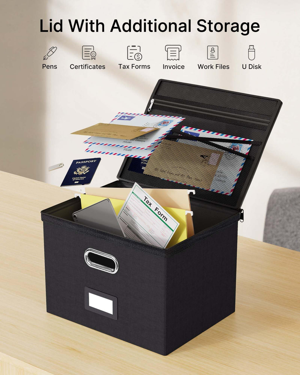 Oterri Zipper File Box with Lid, Legal/Letter Size Document Organizer with Mesh Pockets, Filing Box with Handle, Zippers Document Storage Box for Office/Home/School (1 Pcs, Large-Black)